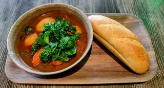 Vegan beef stew (bo kho) with potatoes, carrots, and kale at Saigon Vegan in Garden Grove, CA