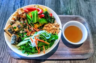 Fishless cake with noodles and dill (bun cha ca) at Saigon Vegan in Garden Grove, CA