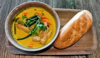 Vegan chicken curry stew (ca ri ga) with potatoes, carrots, and coconut curry at Saigon Vegan in Garden Grove, CA