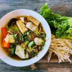 Saigon noodle soup (hu tieu mi) with char siu tofu, mushroom, and vegetables at Saigon Vegan in Garden Grove, CA