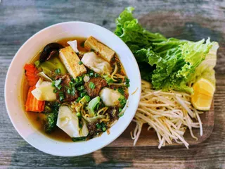 Saigon noodle soup (hu tieu mi) with char siu tofu, mushroom, and vegetables at Saigon Vegan in Garden Grove, CA