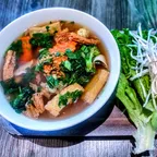 House noodle soup (hu tieu nam vang) with vegan chicken, tofu, and broccoli at Saigon Vegan in Garden Grove, CA