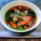 Duckless noodle soup (mi vit tiem) with bok choy, mushroom, and goji berries at Saigon Vegan in Garden Grove, CA