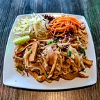 Vegan pad thai with rice noodles, tofu, and vegan chicken at Saigon Vegan in Garden Grove, CA